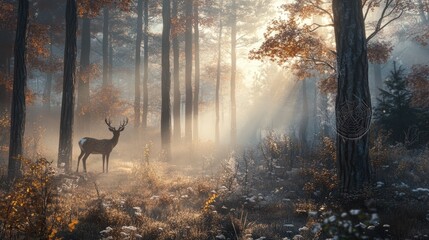 A deer stands in a misty forest at dawn.