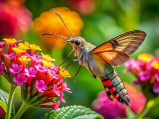 Fototapeta premium Stunning Close-Up of a Hummingbird Moth Feeding on Colorful Flower in a Natural Environment