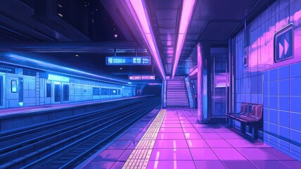 Fototapeta premium A deserted subway platform illuminated by neon lights at night.