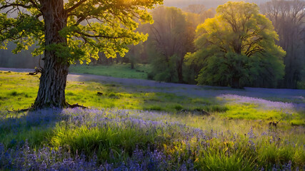 Fototapeta premium Photograph featuring a serene meadow with vibrant purple wildflowers covering the ground.