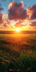 Golden hour light bathes a field of tall grass, creating a warm and inviting atmosphere.