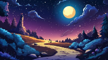 Fototapeta premium A Winding Stone Path Under a Full Moon in a Starry Night Forest