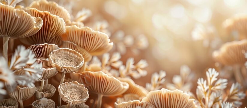 Vibrant Autumnal Mushroom Cluster in Lush Forest Undergrowth Revealing Nature s Intricate Cycles of Growth Decay and Renewal  Captivating Macro View of Diverse Fungal Species Thriving in the Earthy