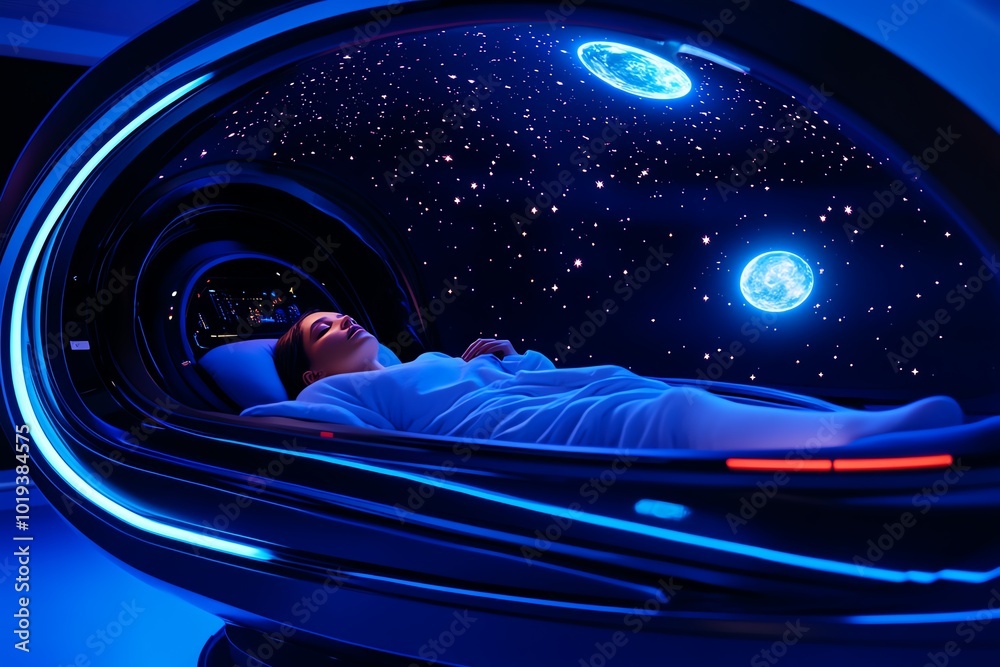 Poster futuristic depiction of a person resting in a floating sleep pod surrounded by holographic stars, wi