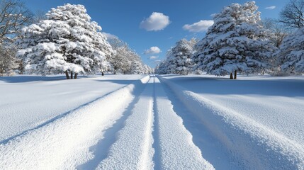 Obraz premium Snowy Country Road in Winter Landscape with Trees and Blue Sky