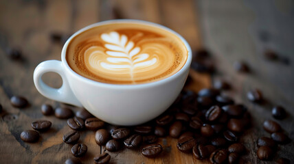 Fototapeta premium Latte Art Coffee with Coffee Beans on Wooden Table