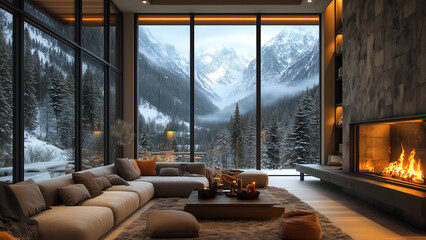 Warm Modern Interior with Glass Windows Overlooking Snowy Peaks