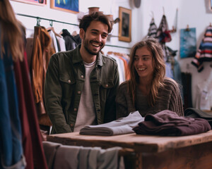 Smiling Young Couple Shopping for Clothes in Trendy Boutique ? Happy Customers Enjoying Retail Experience