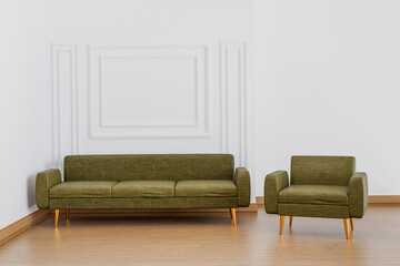 Small modern green living room interior background, mockup living room in casual style, blank wall, 3D illustration rendering.