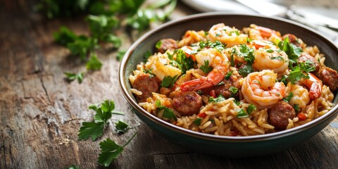 Fototapeta premium Hearty Jambalaya with Shrimp, Sausage, and Rice Served in a Bowl on a Rustic Table
