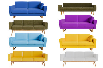 Realistic purple, blue, white, yellow sofas, cloth or leather seats, illustrations, 3D renders decorated in a minimalist style, interior separated from the background-clipping path.