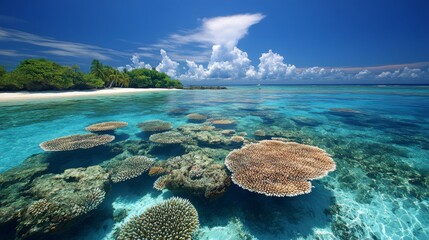 Naklejka premium Tropical Island with Clear Water and Underwater Coral Reefs