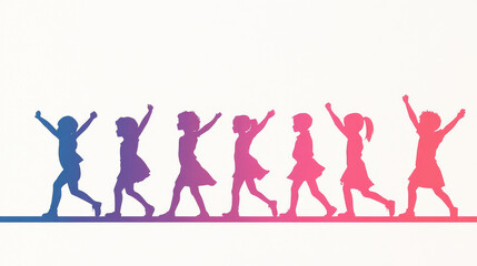 Fototapeta premium Silhouettes of children walking in a line, arms raised in the air.
