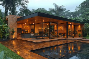 rooftop patio scene with sliding glass doors leading into an openspace kitchen enveloped by warm rainy weather evoking a cozy inviting vibe amidst nature