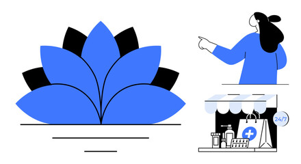 Blue and black flower, woman pointing to the right, a pharmacy shop with medical items. Ideal for wellness, healthcare, herbal medicine, pharmacy, and self-care themes. Minimalist vector style