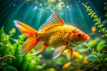 Stunning Gold Gar Fish Swimming Gracefully in Crystal Clear Water of a Lush Aquatic Habitat