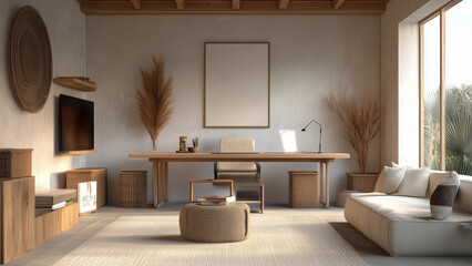 Serene Japandi Home Office with Light Blue Accents and Dark Wood Details