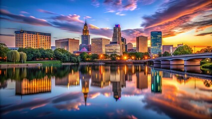 Obraz premium Stunning Hartford Skyline at Dusk with Illuminated Buildings Reflecting in the Connecticut River