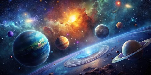 Stunning Illustration of Space Featuring Planets, Stars, and Cosmic Elements in a Vibrant Galaxy Scene