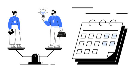 Two professionals balance on a scale while holding work-related items next to a calendar. Ideal for time management, work-life balance, productivity, career planning, and creative thinking. Modern