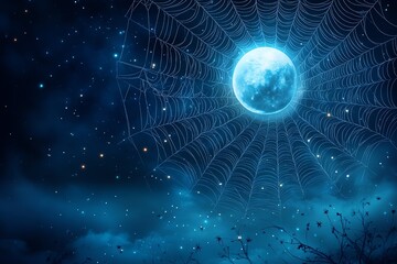 Moonlit night with a spider web against a starry sky.