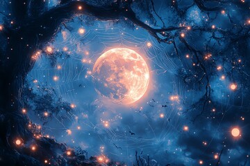 Ethereal night scene with a glowing moon and whimsical lights.