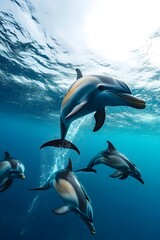 Naklejka premium A pod of dolphins swim through the clear blue water, illuminated by the sunlight above.