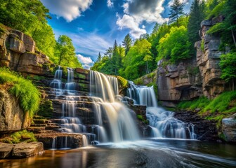 Fototapeta premium Stunning Marinette Waterfalls Cascading Over Rocky Cliffs in a Lush Green Forest Landscape