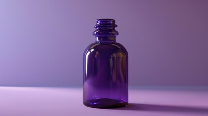 Elegant purple glass bottle with mysterious liquid contents possibly a cosmetic perfume or pharmaceutical product  Vintage style and luxurious appearance against a blurred background