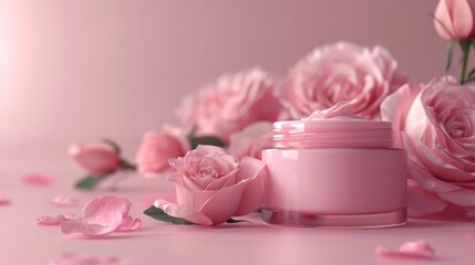 Elegant floral arrangement with luxurious pink rose flowers and natural organic skincare products on a soft pastel pink background  Spa and beauty concept with a soothing