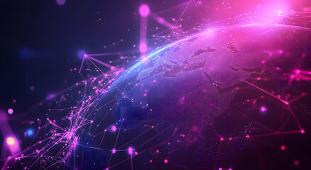 Obraz premium Abstract digital map of the world with global network connections design and glowing light rays on a dark purple background design