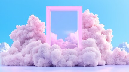 Pink Neon Frame Surrounded by Fluffy Clouds   Dreamy 3D Render