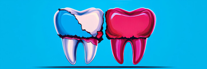 Two teeth, one cracked and one healthy, against a blue background. Dental care.