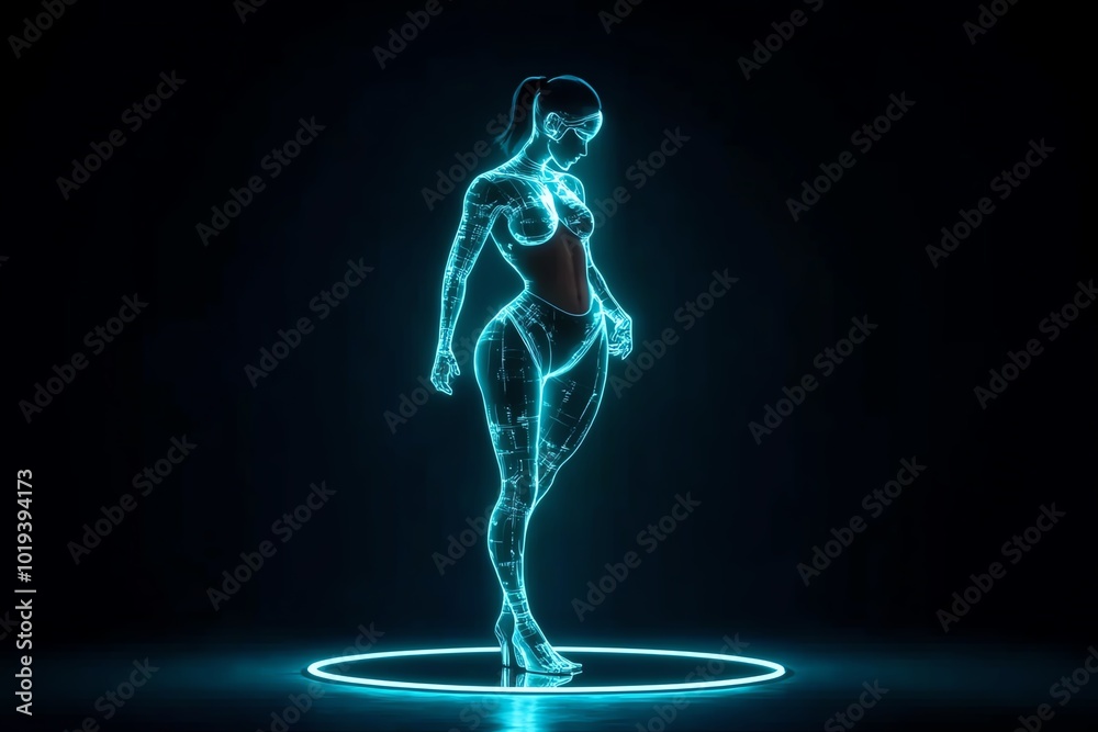 Aufkleber Futuristic design of a person split into two holographic versions of themselves, one glowing with light and the other in shadow, symbolizing dualism in a digital future