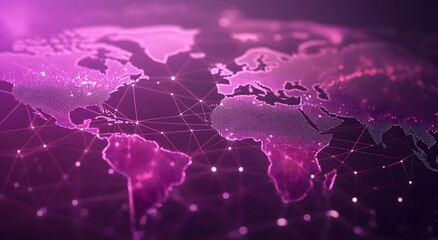 Abstract digital map of the world with global network connections design and glowing light rays on a dark purple background design