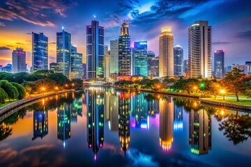 Fototapeta premium Stunning Nightscape of Jakarta with Illuminated Skyscrapers and Vibrant City Lights Reflecting Water