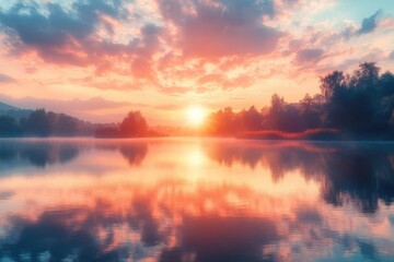 Naklejka premium Serene sunrise over a peaceful lake, reflections in the calm water