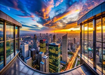 Stunning panoramic view from the top floor of a modern skyscraper in a vibrant city skyline