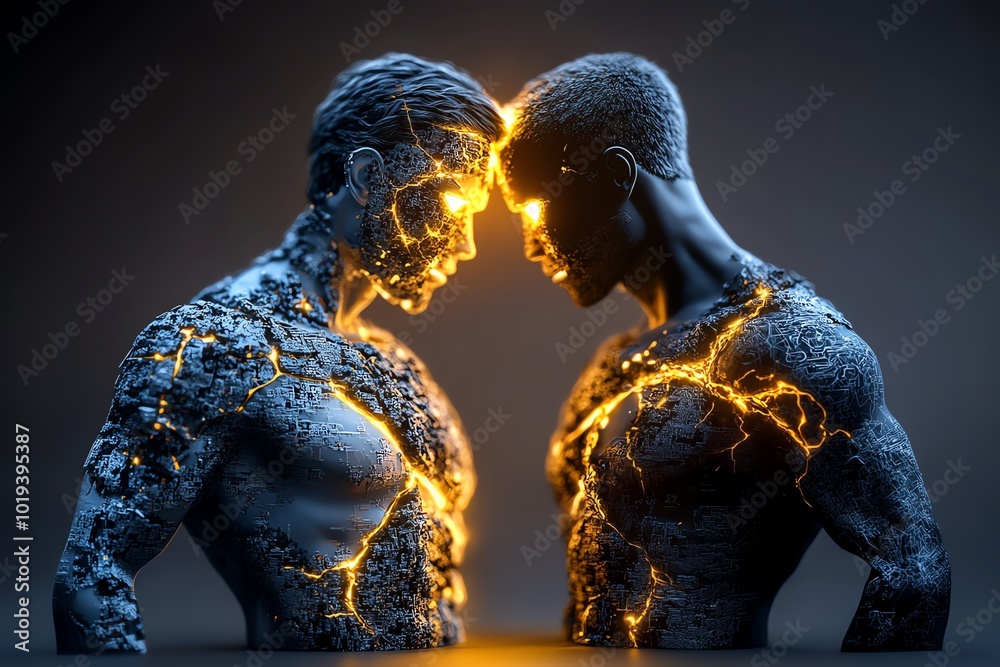 Aufkleber Futuristic design of a person split into two holographic versions of themselves, one glowing with light and the other in shadow, symbolizing dualism in a digital future