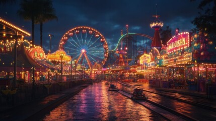 Vibrant carnival scene, rides, games, colorful lights at night
