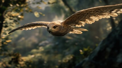 Hawk Soaring Through Sunlight in Forest