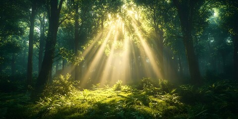 Fototapeta premium Golden sunlight streams through the dense canopy of a lush forest, illuminating the verdant undergrowth.