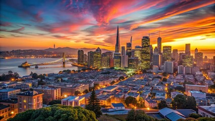 Obraz premium Stunning San Francisco Skyline Silhouette at Dusk with Colorful Sunset and City Lights Reflection