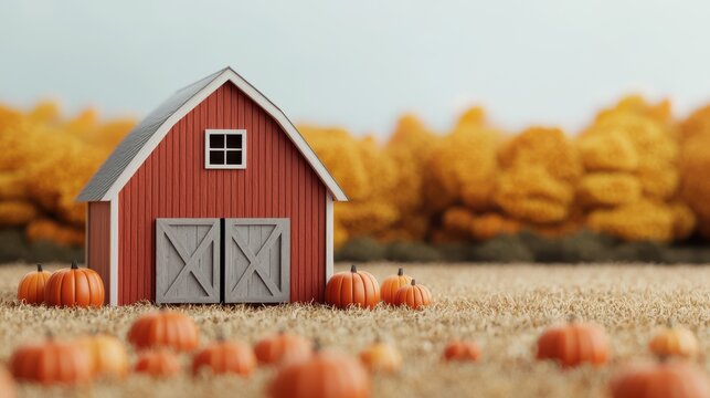 A small red barn with a window sits in a field of pumpkins
