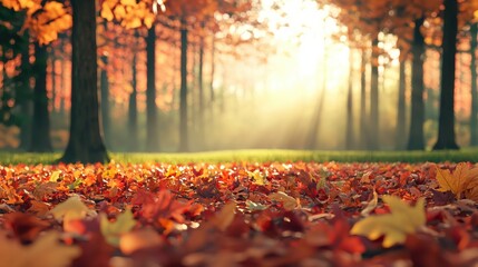 A forest with a lot of leaves on the ground