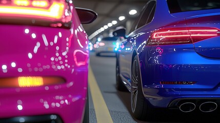 Blue and Pink Cars Parked Side by Side in a Garage
