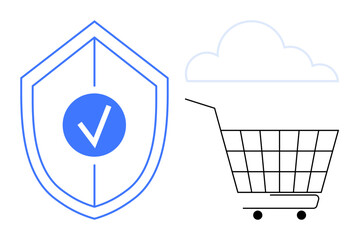 Shield with a check mark illustrates security alongside a shopping cart and a cloud. Ideal for online shopping, cybersecurity, cloud services, e-commerce protection, and digital purchasing security