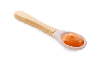 Spoon with tasty baby food isolated on white