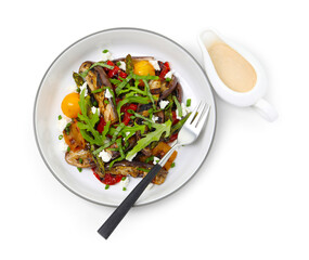 Tasty salad with grilled vegetables served on white background, top view