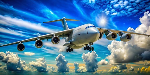 Stunning View of a Galaxy C5 Aircraft in Flight Against a Clear Blue Sky with Fluffy White Clouds
